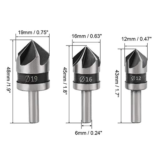Uxcell® Countersink Drill Bit Set 12Mm 16Mm 19Mm Dia Round Shank 90 Degree 5 Flute Chamfer Tool For Woodworking Carbon Steel 3Pcs #TOP1