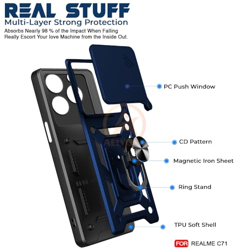 Image of Armor Bumper Back Cover Case for Realme C71 Rotating Camera Cover, Ring Holder & Kickstand | Heavy Duty & 360 Degree Protection Realme C71 Back Cover (Blue)