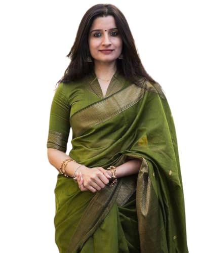 Image of Women's Cotton Woven Soft Sarees With Attach Blouse Piece.