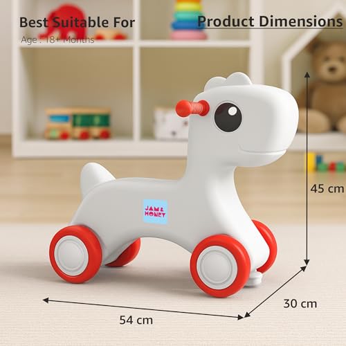 Image of Amazon Brand - Jam & Honey Baby Pony Push On Ride On for Kids | Backrest | Easy Grip | Four Wheel | Durable and Safe | Non-Toxic | Portable | Lightweight | Animal Theme | 1-4 Years Old | Red & Grey