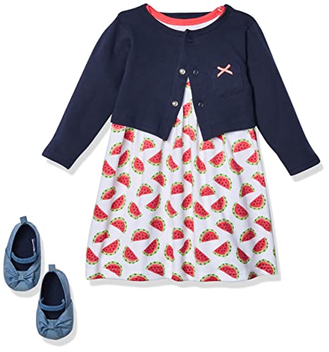 Image of Hudson Baby Girls' Cotton Dress, Cardigan and Shoe Set