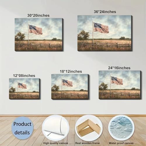 Image of Framed Vintage American Flag Field Wall Art, Patriotic Rustic Canvas Art Pictures, USA Flag Wall Decor for Living Room Farmhouse Garage, Ready to Hang Made in USA