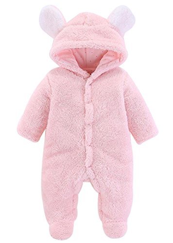 LOTUCY Newborn Baby Boys Girls Cartoon Bear Ears Warm Fleece Hooded Romper Jumpsuit (0-3 Months/Tag59, Pink)