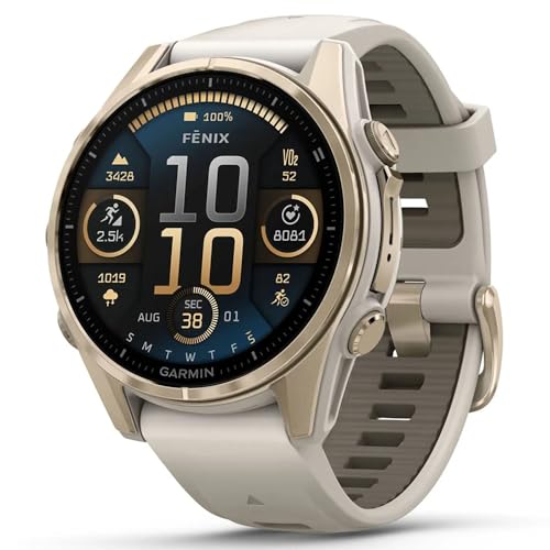 Image of Garmin Fenix 8 43mm AMOLED Sapphire Multisport GPS Smartwatch, Soft Gold with Fog Gray Sandstone Silicone Band, 010-02903-10 - Bundle w /Deco Essentials Charging Dock, Dust Cover and USB-C Cable