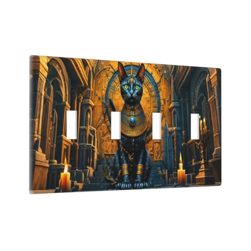 Decorative Switch Covers Plate Egyptian Black Cat Vintage Gold Decorated 4 Gang Wall Plate Oversized Quad Toggle Light Switch Plate Jumbo Faceplate for Bedroom Home Decor