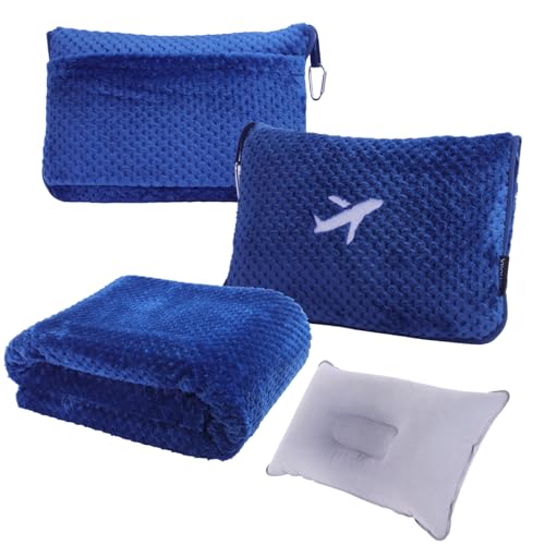 Nenolix 3 in 1 Travel Blanket Pillow Set - 350 GSM Thick Travel Blanket Airplane Compact with Bag, Soft Bag with a Pocket, Inflatable Travel Pillow for Camping & Car Trip (Royal Blue)