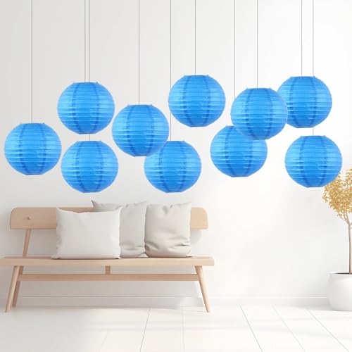 Image of Blue Chinese Paper Lanterns with LED Lights, 10-Pack 10inch | Hanging Lights for Baby Boy Shower, Beach Party, Birthday Decorations, Ceiling Decor & Home Party