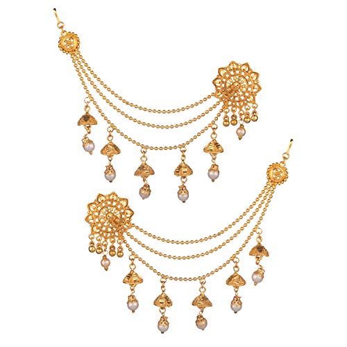 Efulgenz Indian Bollywood Jewelry 14K Gold Plated Dangling Earring with Layered Jhumka Tassels Ear Support Chain Hair Accessory gold