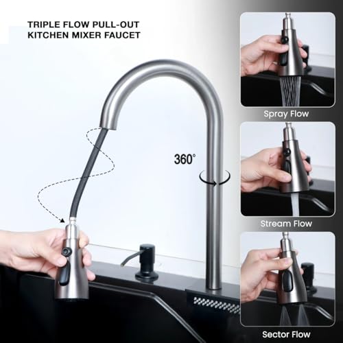 LIPKA Nano Black Single Bowl Smart Kitchen Sink 30x18x9 | 304 Grade Stainless Steel Sink with Integrated Waterfall, Pull-Out Faucet, RO Tap, Cup Washer & Drain Basket | Matte Finish