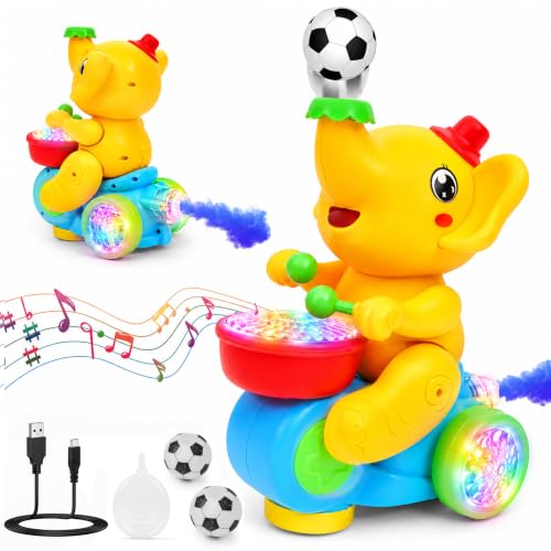 Image of Gooyo USB Rechargeable Drummer & Dancing Cute Elephant Toy for Kids with Smoke Effect, Blowing Ball Fun Feature, Flashing LED Lights & Music, Bump & Go Action, Gift Box Packaging