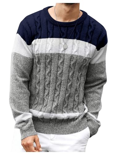 Men's Color Block Cable Knit Sweater Crew Neck Long Sleeve Pullover Knit Tops