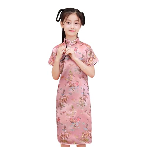 Robe chinoise fille confortable pour costume de fête rose avec fleurs