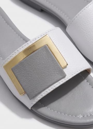 Image of Women's Slide Sandals with Square Gold Buckle, White & Grey