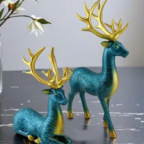 Kashyke 2 Pezzi Decorazione Natalizia Figura di Renna Statua di Cervo Scultura Figura di Animale Decorazione Grande, Decorazione Natalizia Elegante per Soggiorno, Cucina, Tavolo (Blu e Oro)