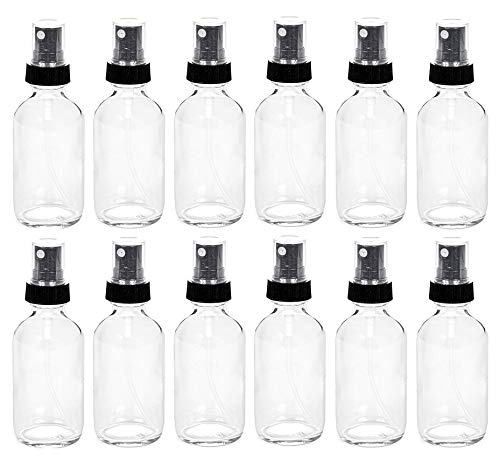 Premium Vials, 12, Clear, 1 oz Glass Bottles, with Black Fine Mist Sprayers (Clear)