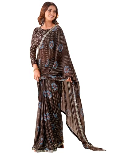 Image of AKHILAM Women's Bandhani Printed Chiffon Saree with Blouse