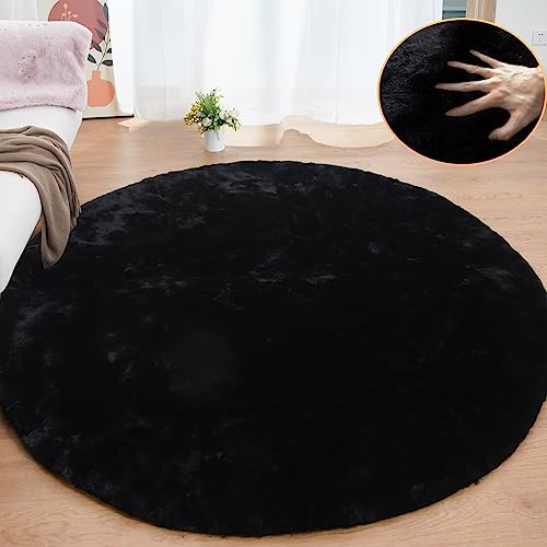 Black Round Rugs 8ft Machine Washable Rabbit Fur Area Rug Large Circle Rugs for Bedroom Faux Sheepskin Rug Cushion Living Room Décor