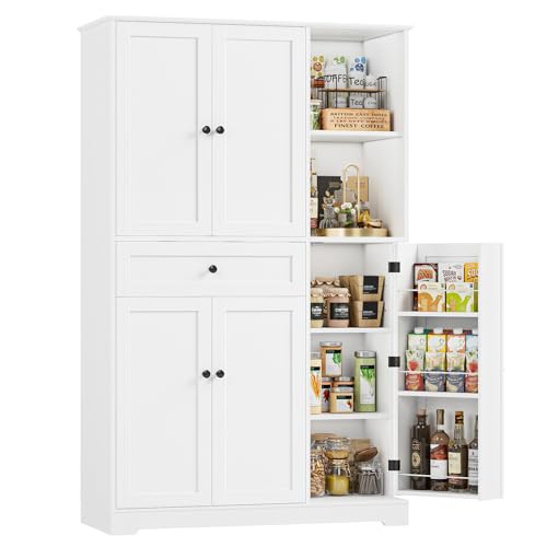 FirFurd Kitchen Cupboard Tall Kitchen Cabinet with Spice Rack Pantry Cupboard Free Standing Sideboard Storage Cabinet with 5 Doors & 2 Open Shelves Dining Room Furniture 173x104x40cm White