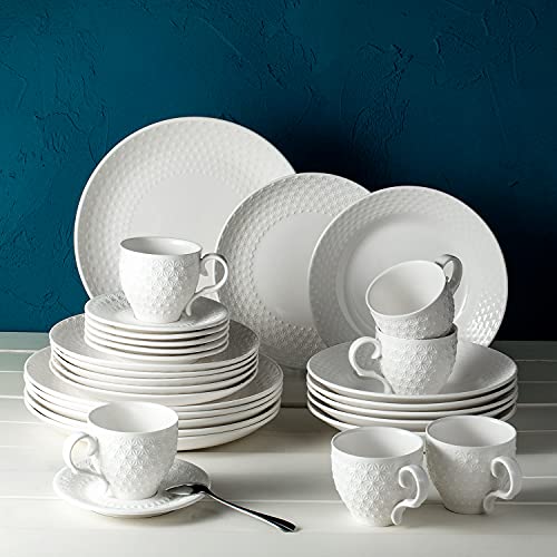 Foto von Geschirrset 6 Personen, 30-Teiliges Tafelservice, Weiß porzellan geschirr teller set, SINTUNS Kombiservice mit Schneeflocken Prägung im Vintage Look, Am besten für Geschenke