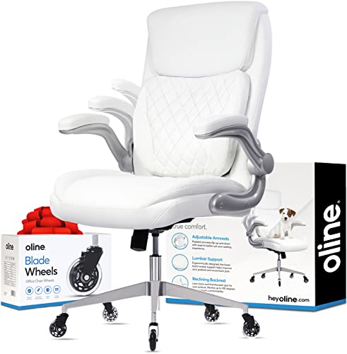 Oline Ergonomic Executive Office Chair - Rolling Home Desk Pu Leather Chair With Adjustable Armrests, 3D Lumbar Support And Blade Wheels - Computer Gaming Swivel Chairs (White) #TOP6