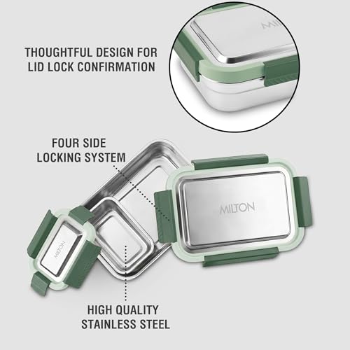 Image of MILTON Modern Meal Jr. Stainless Steel Tiffin, Set of 2 (750 ml,140 ml), Green | Food Grade | BPA Free | Refrigerator Safe | Odour Free I Durable and Stylish Lunch Box for Home, Office & Travel