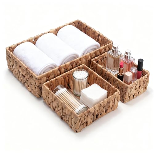 3 Pièces Panier de Rangement en Jacinthe D'eau, Organiseur de Panier en Osier, Boîte Décorative Tissée à la Main pour Comptoir de Cuisine, Salon, Salle de Bain...