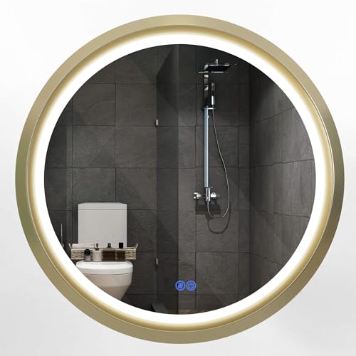 36 Inch Round LED Mirror for Bathroom, Gold Metal Frame Lighted Vanity Mirror with 3 Color Modes, Touch Dimmer - Anti-Fog Wall Mounted Circle Mirror with Lights - Fab Glass and Mirror