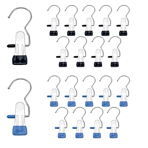 Wäscheklammern mit Haken, Klammerhaken Metall Klammern, Wäschehaken mit Clip, 360° Drehbarer Haken mit Clips, für Kleidung, Stiefel, Handtücher, Handschuhe, Badetücher usw. Schwarz Blau, 20 Stück Cover