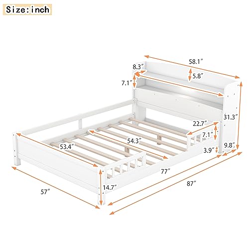 Full-Size-Bed-with-Storage-Headboard-and-Guardrail-Kids-Full-Platform-Bed-Wood-Frame-with-Built-in-LED-Light-for-Girls-BoysFull-SizeWhite Full Size Bed with Storage Headboard and Guardrail Kids Full Platform Bed Wood Frame with Built in LED Light for Girls BoysFull SizeWhite