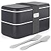 Produktbild SpaceFox Bento Box mit 2 Fächern - Lunchbox Set aus Weizenstroh - umweltfreundlich & nachhaltig - Brotdose mit Besteck - spülmaschinenfest - schwarz
