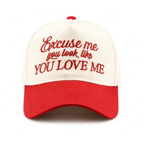 Two-Toned Excuse Me You Look Like You Love Me Dad Cap Embroidered Lettering Hat Baseball Hat for Ladies and Men Red/Beige