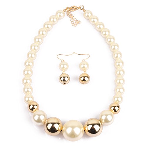 KOSMOS-LI Faux Big Ivory Pearl Choker Necklace with Earrings Set