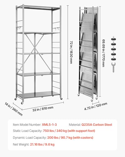 Image of VEVOR 5-Tier Foldable Storage Shelf, 32W x 14D x 72H Inch Folding Metal Rack Shelving Unit, Heavy Duty No Assembly Organizer Shelf with 5 Wheels & 4 Hooks for Pantry, Kitchen, Garage, Basement, Grey