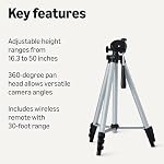 Amazon Basics 50" (127 cm) Lightweight Tripod for Camera and Phone with Travel Bag, Remote Control and Phone Holder, Height Adjustable, Aluminum, Silver