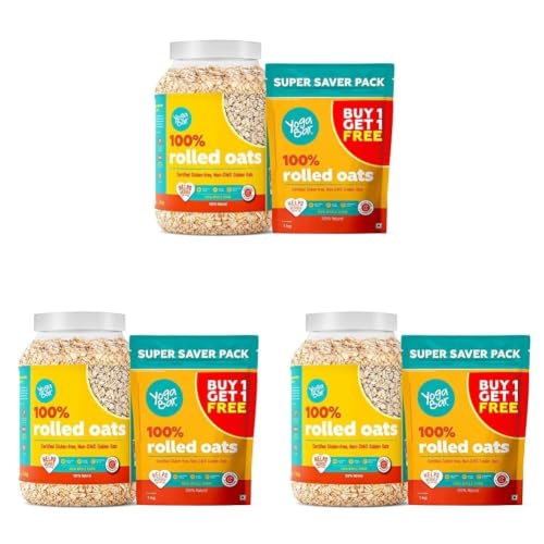 Image of Yogabar 100% Rolled Oats 2kg Combo, 1kg Jar + 1kg Pouch | Gluten-Free, High-Fibre Wholegrain Oats | Nutritious Breakfast Cereal, Easy-to-Cook (Pack of 3)