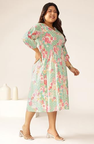 Image of Janasya Women's Plus Size Sage Pure Cotton Floral Printed A-line Dress