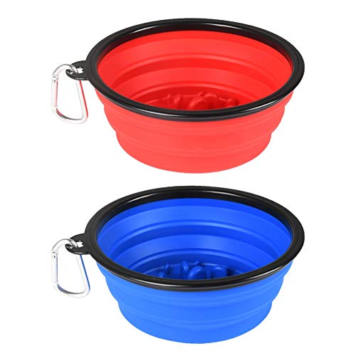 Collapsible Dog Bowls, Large Portable Travel Dog Bowls, 34Oz Foldable Dogs Water Food Slow Feeder Bowl, Collapse Feeding Dish For Walking, Traveling, Hiking, Camping (2 Pack) #TOP27