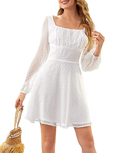 LERENSHA Women s Swiss Dot Dress Square Neck Mesh Lantern Long Sleeve Chiffon Mini Dress for Wedding Guest White