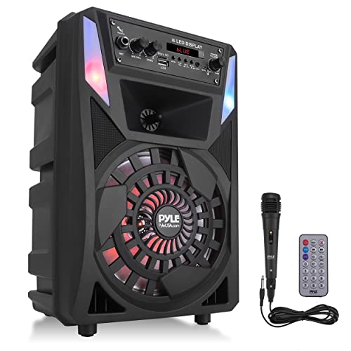 Pyle Portable Bluetooth PA Speaker - 300 W 8” Rechargeable Outdoor BT Karaoke Audio System - Multi-Color Party Lights, LED Display, FM/AUX/MP3/USB/SD, 6.5mm in - Wired Microphone, Remote Control