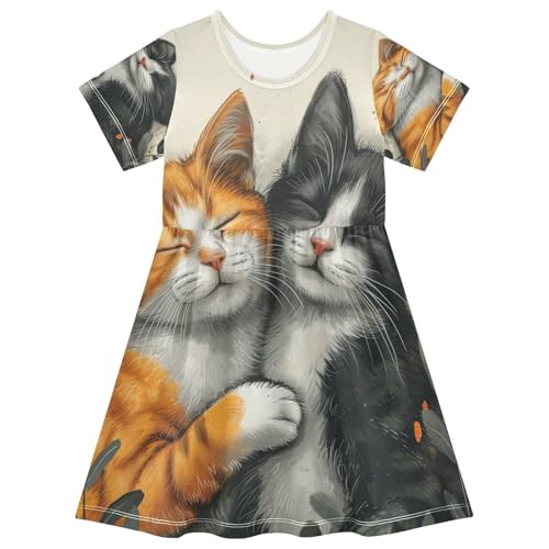 ALAZA Cat Kitten Lovely 3D Girls Dress Short Sleeve Toddler Casual Dresses Summer Sundress 2-8T