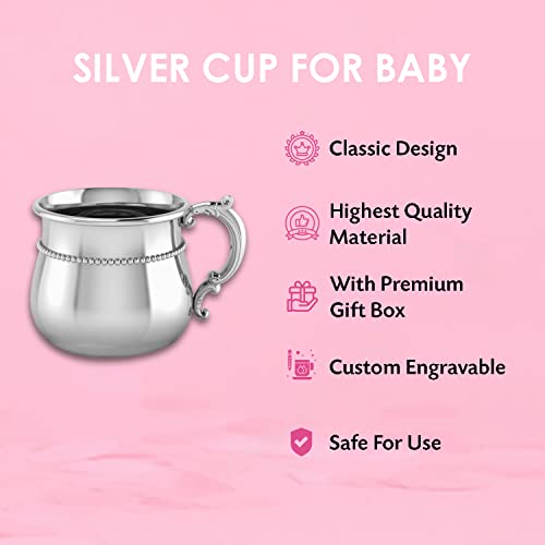 Krysaliis Sterling Silver Classic Bulge Beaded Cup - Elegant Engravable Personalized Non-tarnishing Cup Keepsake Gift - Packaged in a Premium Gift Box