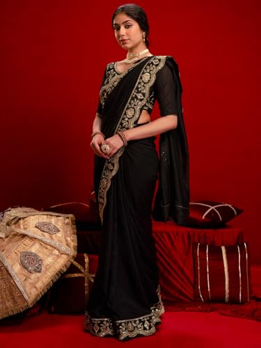 Image of Satrani Women's Vichitra Silk Sequins Embroidery Lace Work Saree with Unstitched Blouse Piece