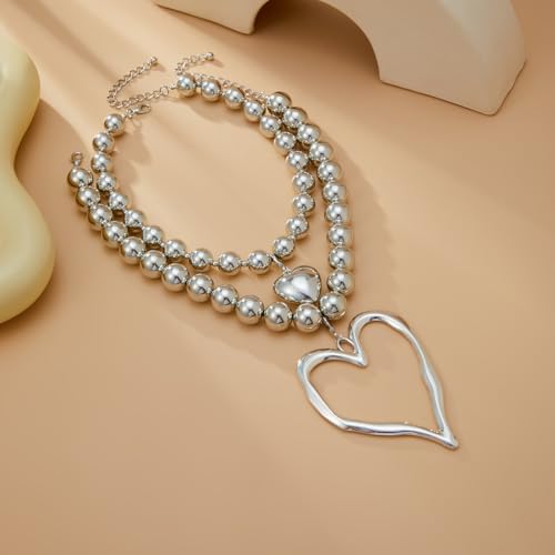 Y2k Large Hollow Heart Necklaces for Women Big Chunky Heart Pendant Necklace Exaggerated Layered Double Hearts Gold/Silver Beaded Choker Necklace Dainty Statement Jewelry Gift4