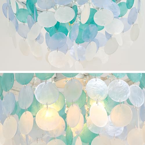 Tribillion 13.8 Inch Natural Capiz Shell Chandelier 3 Light Mini Chandelier Boho Ceiling Light Entryway Light Fixture For Girls' Bedroom Hallway Living Room Dinning Room Brushed White Handmade Painting thumb #2