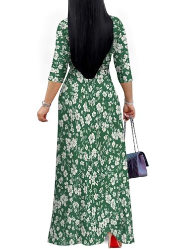 Image of PinkPatty Plus Size Maxi Dress for Women Casual V Neck 3 /4 Sleeve Boho Printed Long Dress with Pockets