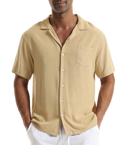 Zetieny Camisa Lino Hombre Camisas de Manga Corta con Botones Henley Shirts de Playa Informal con Bolsillos