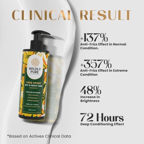 Image of Wildly Pure Natural Shampoo for Dry & Frizzy Hair | Vitamin E & Omega 3,6 & 9 | 66% decrease in Frizz in One wash | Sulphate, Paraben Free | Men & Women | 150mL (Free Spirit)