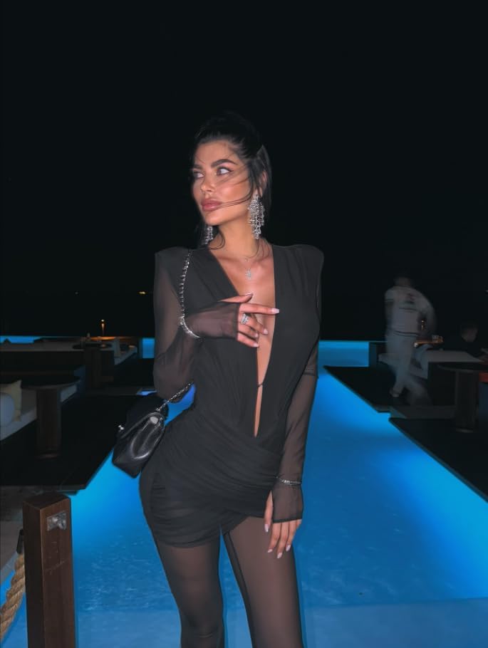 Womens Sexy Jumpsuits Elegant Mesh See Through Pleated V Neck Jumpsuit Flare Leggings Y2K One Piece Outfits Clubwear - Image 6