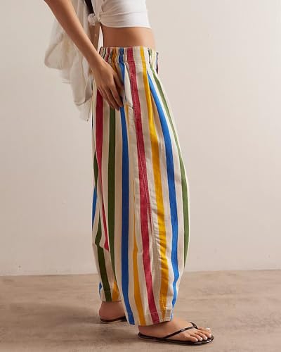 Kedera Women Rainbow Stripe Barrel Pants Casual Wide Leg Baggy Pants Mid Waist Boyfriend Y2k Trousers3