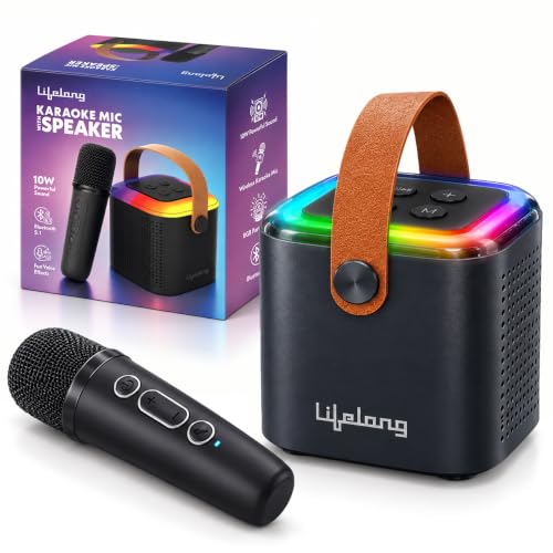 Lifelong Karaoke Mic with Speaker | 10W Bluetooth Speaker with Wireless Mic, Voice Effects, RGB LED | Upto 8Hr Playtime with USB Type-C Charging | Mini Portable for Gifting (Black)